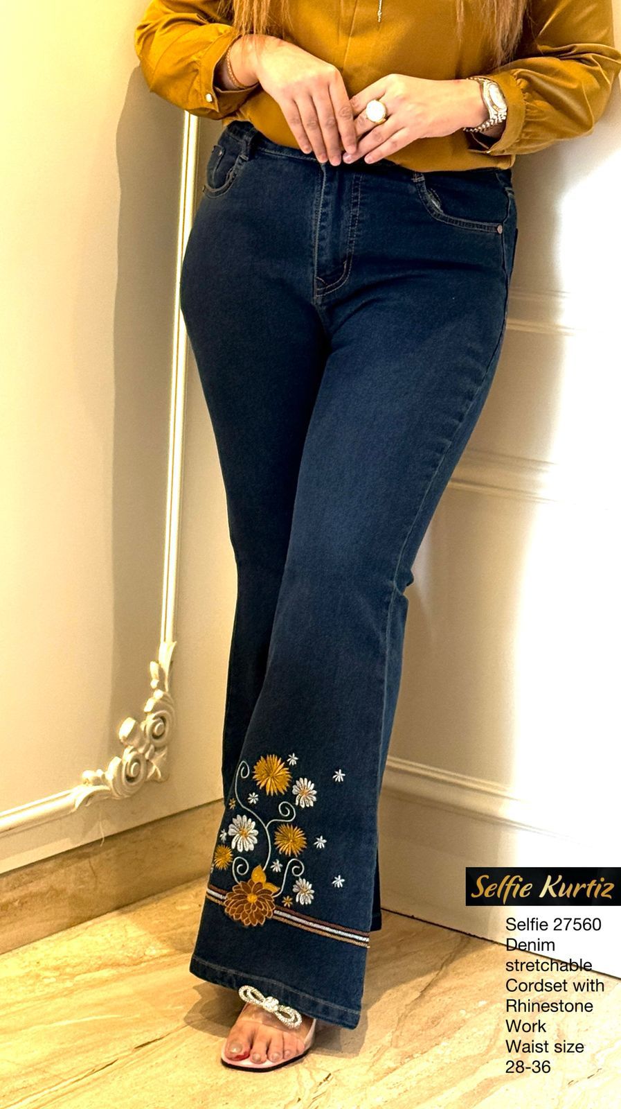 Embroidered Flare Denim Blue, Navy